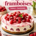 Gâteau frais aux framboises sans cuisson sur un plat élégant.