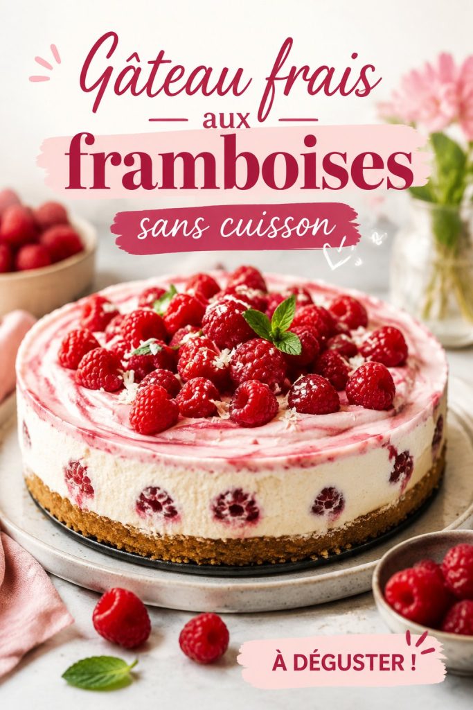 Gâteau frais aux framboises sans cuisson sur un plat élégant.
