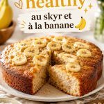 Gâteau healthy au skyr et à la banane, décoré de tranches de banane.