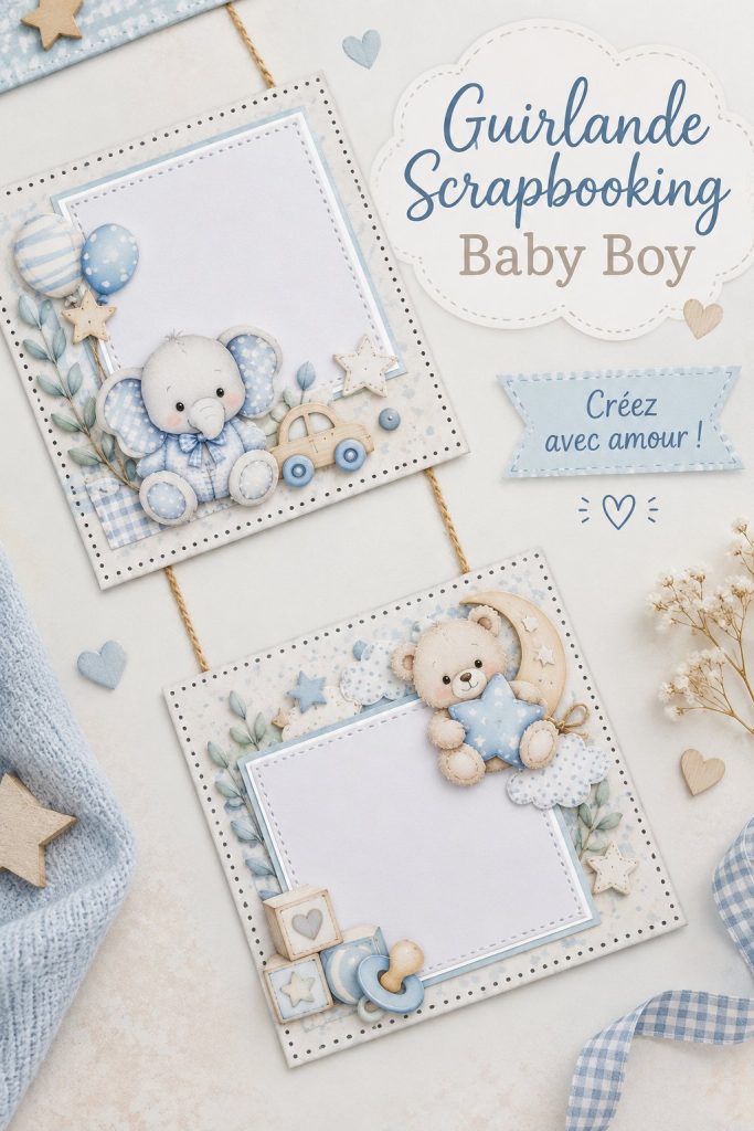 Guirlande scrapbook colorée pour un bébé garçon avec des motifs ludiques