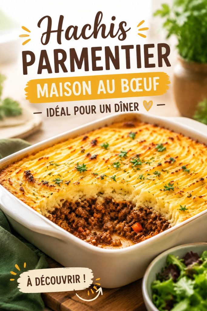 Un plat de hachis parmentier au bœuf servi dans une assiette, décoré de persil frais.