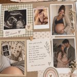 Page de scrapbook de grossesse décorée avec photos et souvenirs.