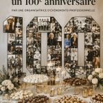 Une belle décoration de fête pour un 100e anniversaire avec des ballons et un gâteau.