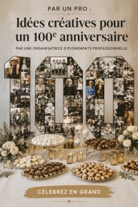 Une belle décoration de fête pour un 100e anniversaire avec des ballons et un gâteau.