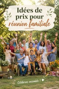 Famille réunie autour d'une table de jeux, avec des prix festifs en vue.