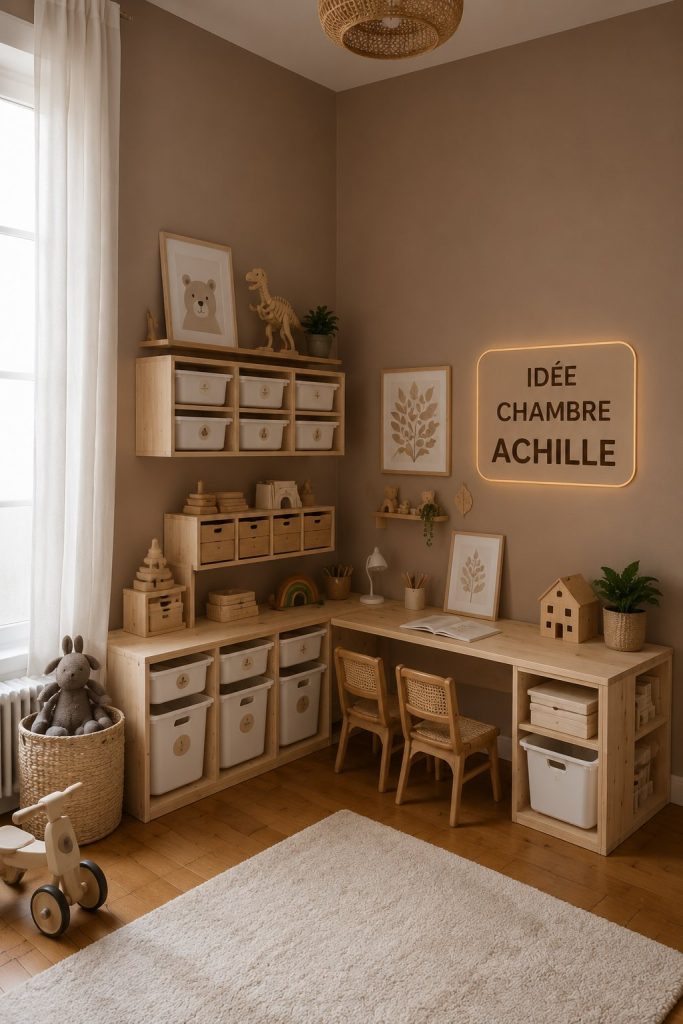 Chambre Achille avec des touches de bleu et de blanc, décorée avec des éléments inspirants.