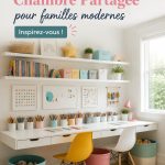 Chambre partagée moderne pour enfants avec lits superposés et décoration colorée.
