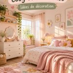Une chambre décorée dans des tons pastel avec des éléments girly