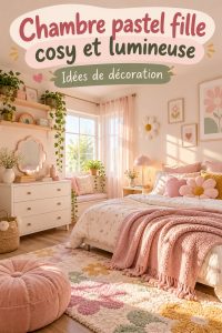 Une chambre décorée dans des tons pastel avec des éléments girly
