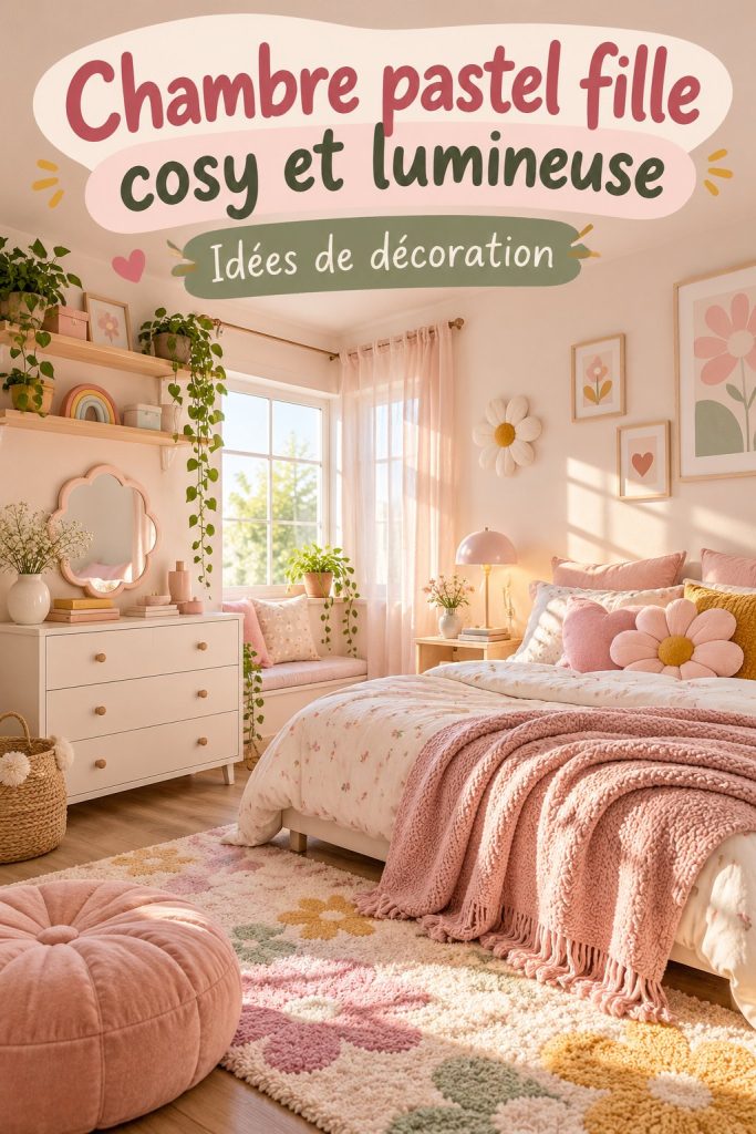 Une chambre décorée dans des tons pastel avec des éléments girly