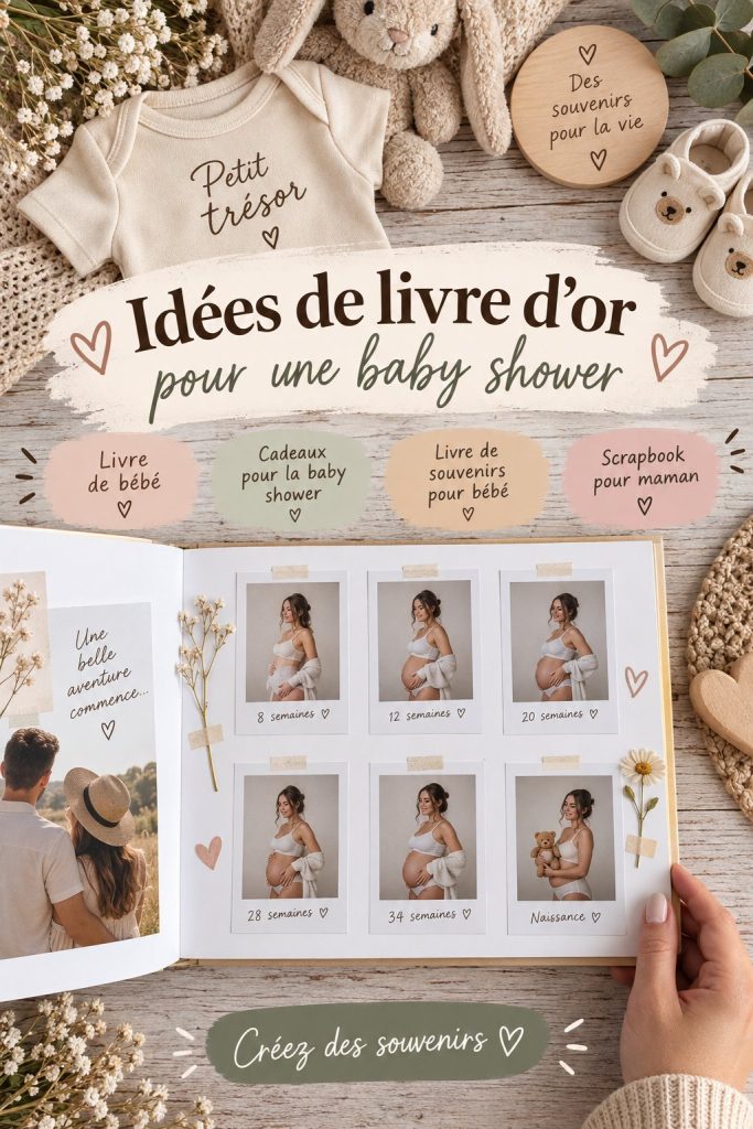 Un livre d'or personnalisé pour une baby shower avec des photos et des messages de vœux.