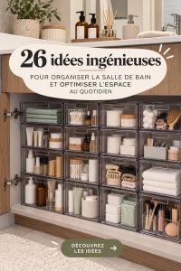 Salle de bain organisée avec des rangements efficaces.