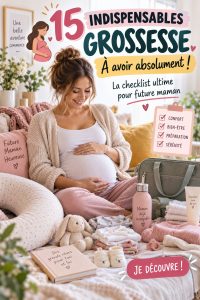 Une future maman souriante entourée de produits indispensables pour la grossesse.