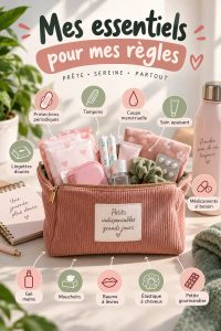 Trousse de règles ouverte avec des produits essentiels pour le confort féminin