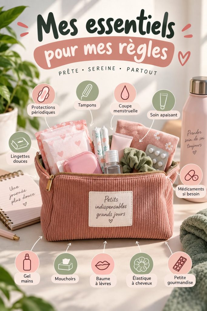 Trousse de règles ouverte avec des produits essentiels pour le confort féminin