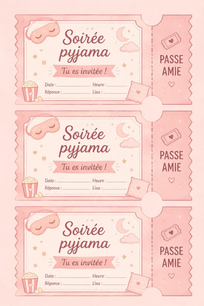 Invitations colorées pour une soirée pyjama créative avec des décorations festives.