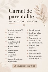 Une femme écrivant dans un journal parental, entourée de jouets pour enfants, symbolisant la parentalité chaleureuse.