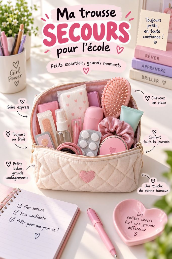 Un kit de secours scolaire élégant et pratique pour les filles avec des essentiels colorés