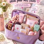 Un kit d'urgence coloré et pratique pour jeunes filles, bien organisé, avec des éléments de sécurité.