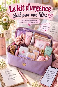 Un kit d'urgence coloré et pratique pour jeunes filles, bien organisé, avec des éléments de sécurité.