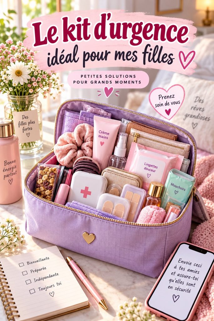 Un kit d'urgence coloré et pratique pour jeunes filles, bien organisé, avec des éléments de sécurité.