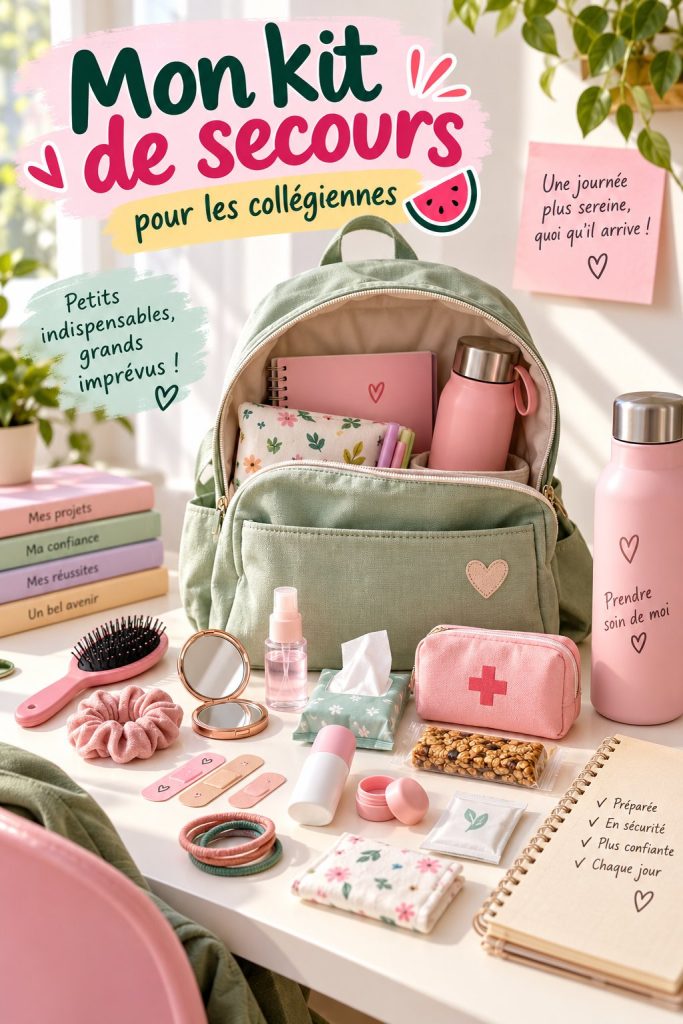 Un kit d'urgence pour écolières avec des fournitures et des accessoires utiles, prêt pour l'école.