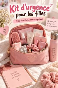 Trousse de secours stylée contenant des produits essentiels pour filles et mamans actives.