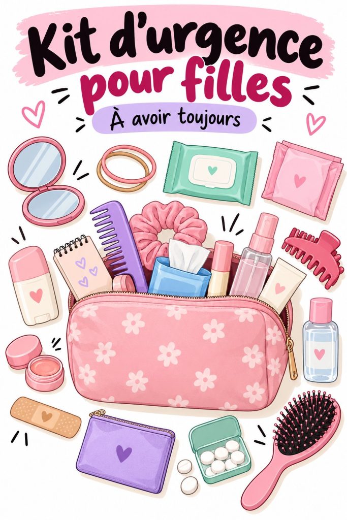 Kit d'urgence coloré pour jeunes filles, plein de contenus utiles et stylés.