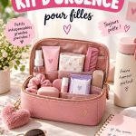 Kit d'urgence coloré pour jeunes filles avec différents accessoires utiles.