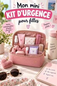 Kit d'urgence coloré pour jeunes filles avec différents accessoires utiles.