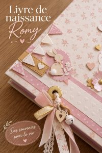 Couverture du livre de naissance Romy, décorée avec des motifs doux et colorés.