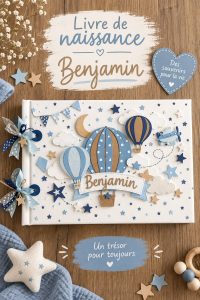 Un livre de naissance ouvert avec des photos et des souvenirs d'un enfant.