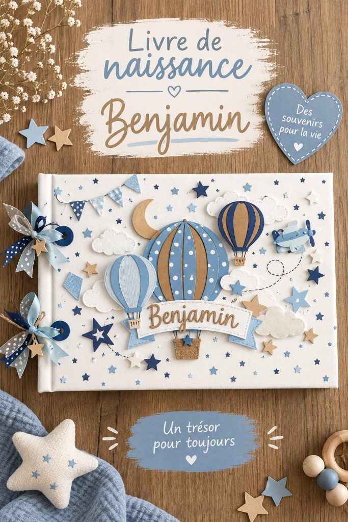 Un livre de naissance ouvert avec des photos et des souvenirs d'un enfant.