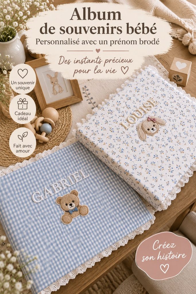 Livre de souvenirs personnalisé pour bébé avec broderie de nom, sur une table en bois.