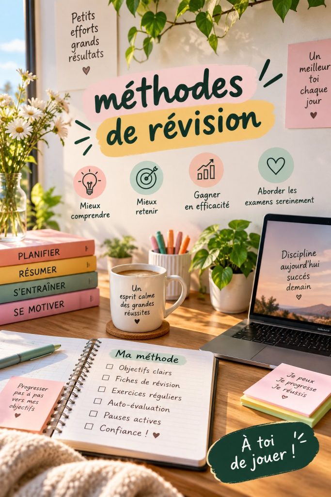 Étudiant utilisant des méthodes de révision efficaces à son bureau