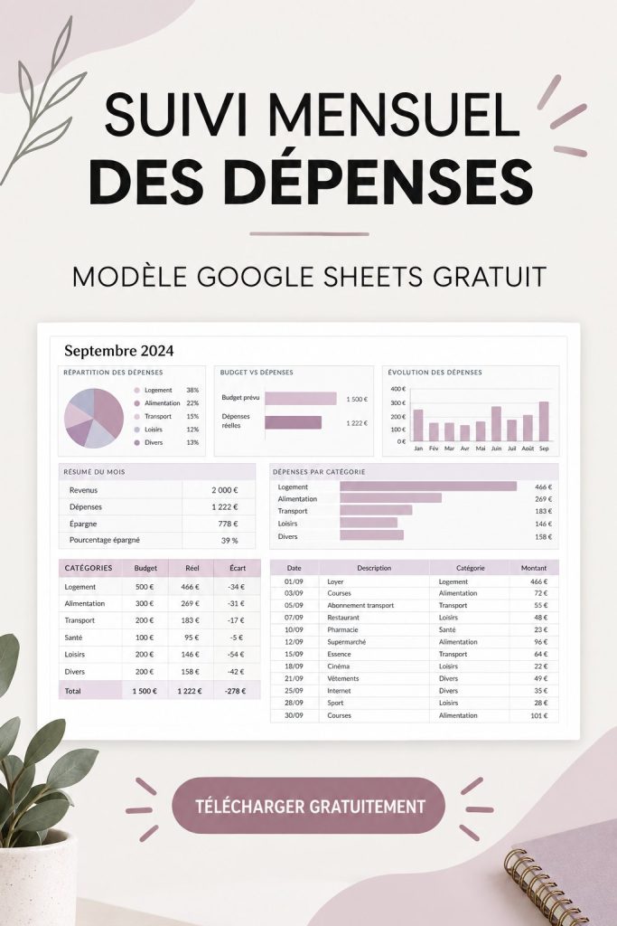 Capture d'écran d'un modèle de suivi de dépenses dans Google Sheets.