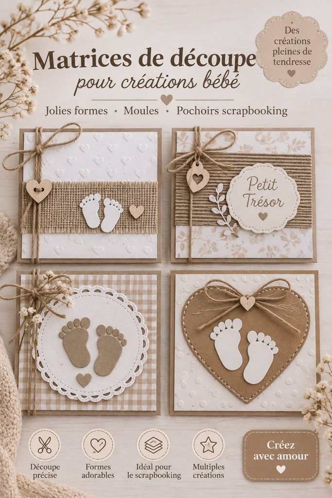 Moules en métal pour le scrapbooking exposés sur une table créative.