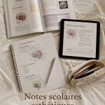 Image de notes scolaires esthétiques sur un bureau avec des fournitures colorées.