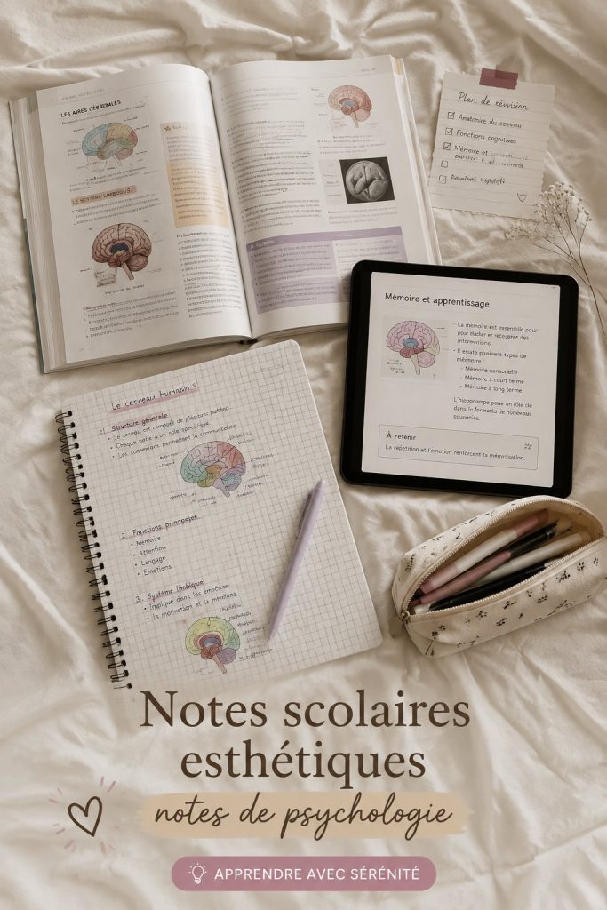Image de notes scolaires esthétiques sur un bureau avec des fournitures colorées.