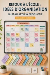 Un bureau d'enfants bien organisé avec des fournitures scolaires colorées et un espace de travail accueillant.