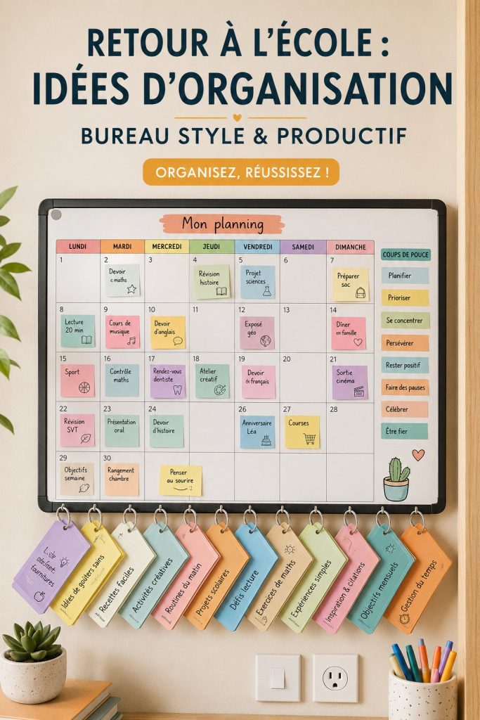 Un bureau d'enfants bien organisé avec des fournitures scolaires colorées et un espace de travail accueillant.