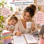 Maman organisée avec son planner entourée de ses enfants