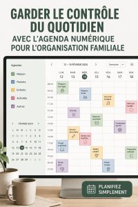Une famille utilisant Google Calendar sur des appareils numériques pour s'organiser.
