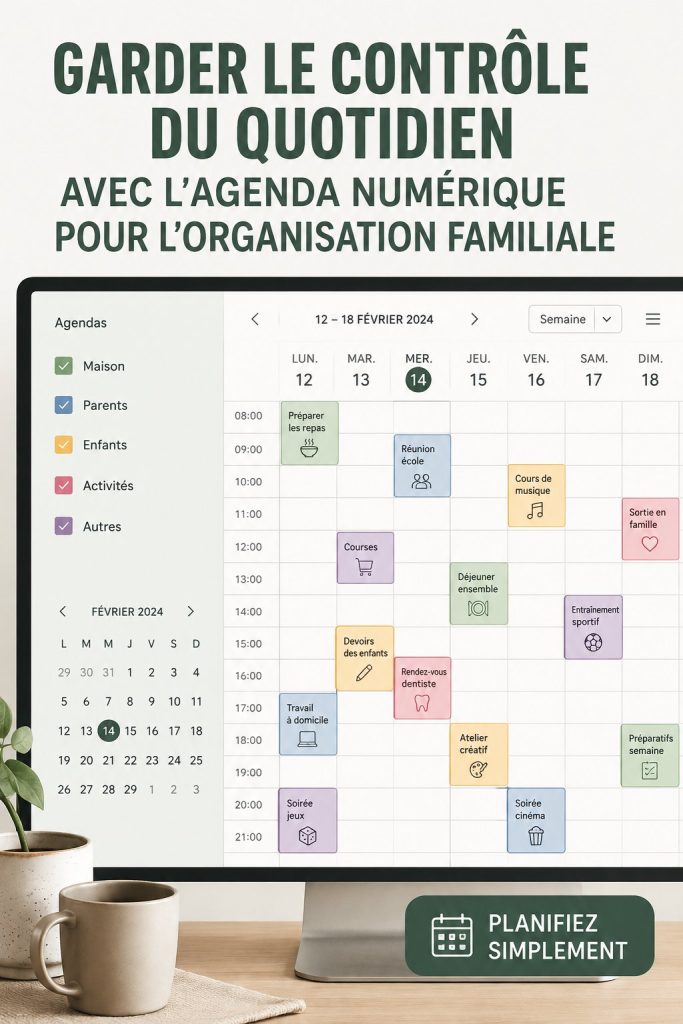 Une famille utilisant Google Calendar sur des appareils numériques pour s'organiser.