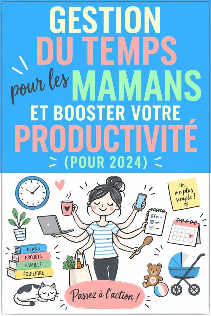 Une maman heureuse organisant son temps entre les tâches familiales et son développement personnel.