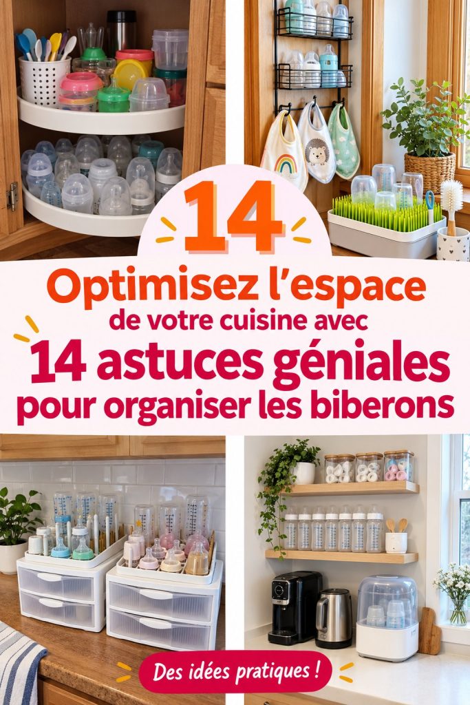 Cuisine organisée avec des biberons bien rangés dans un porte-biberons.
