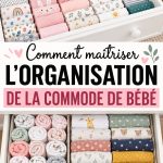 Commode organisée dans une chambre de bébé avec des vêtements et accessoires bien rangés