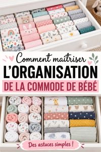 Commode organisée dans une chambre de bébé avec des vêtements et accessoires bien rangés