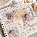 Page de scrapbooking colorée avec des photos de bébé et des décorations créatives.