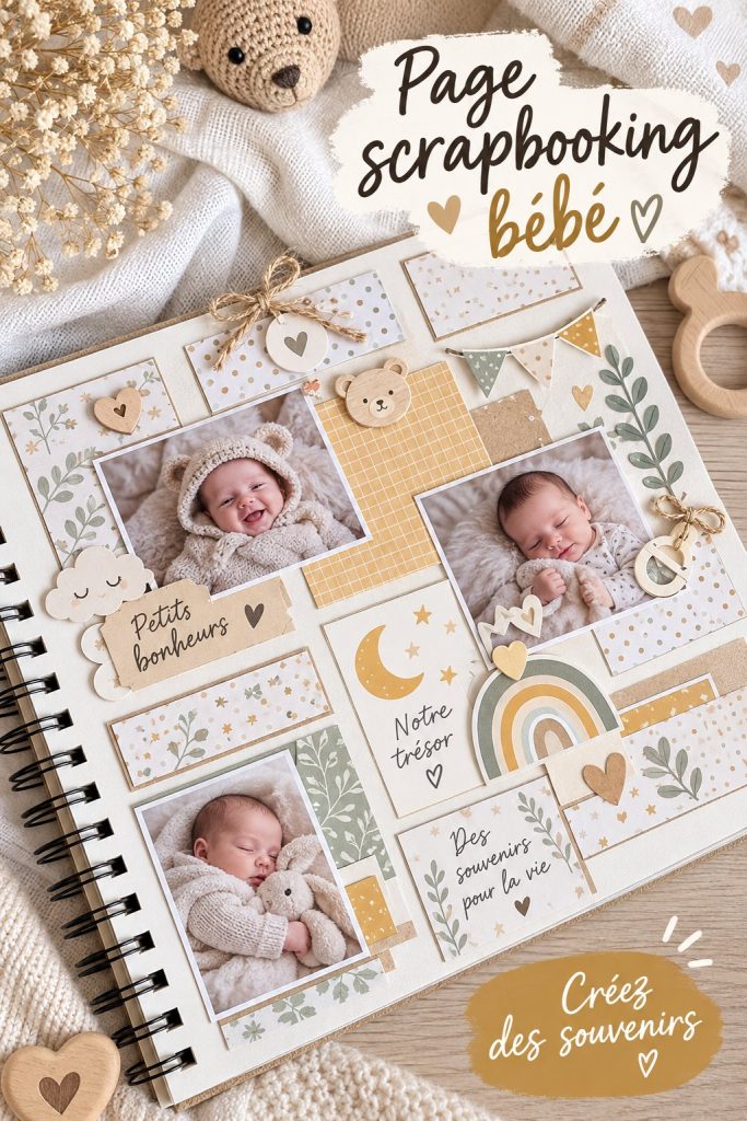 Page de scrapbooking colorée avec des photos de bébé et des décorations créatives.